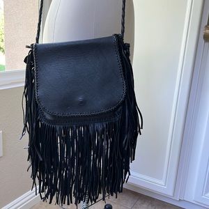 Jennifer Haley Fringed Pebbled black leather bohemian shoulder bag